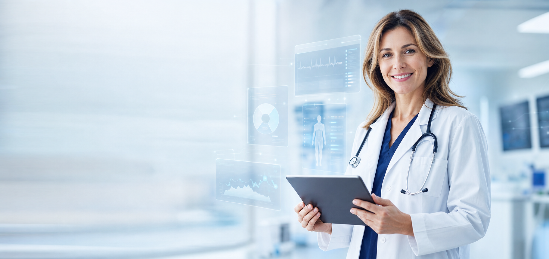 Doctor using a tablet with digital healthcare dashboards